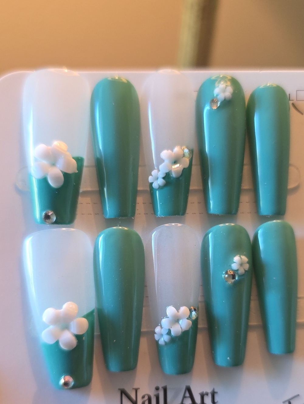 Teal Floral Press-On Nail Set  Size Large